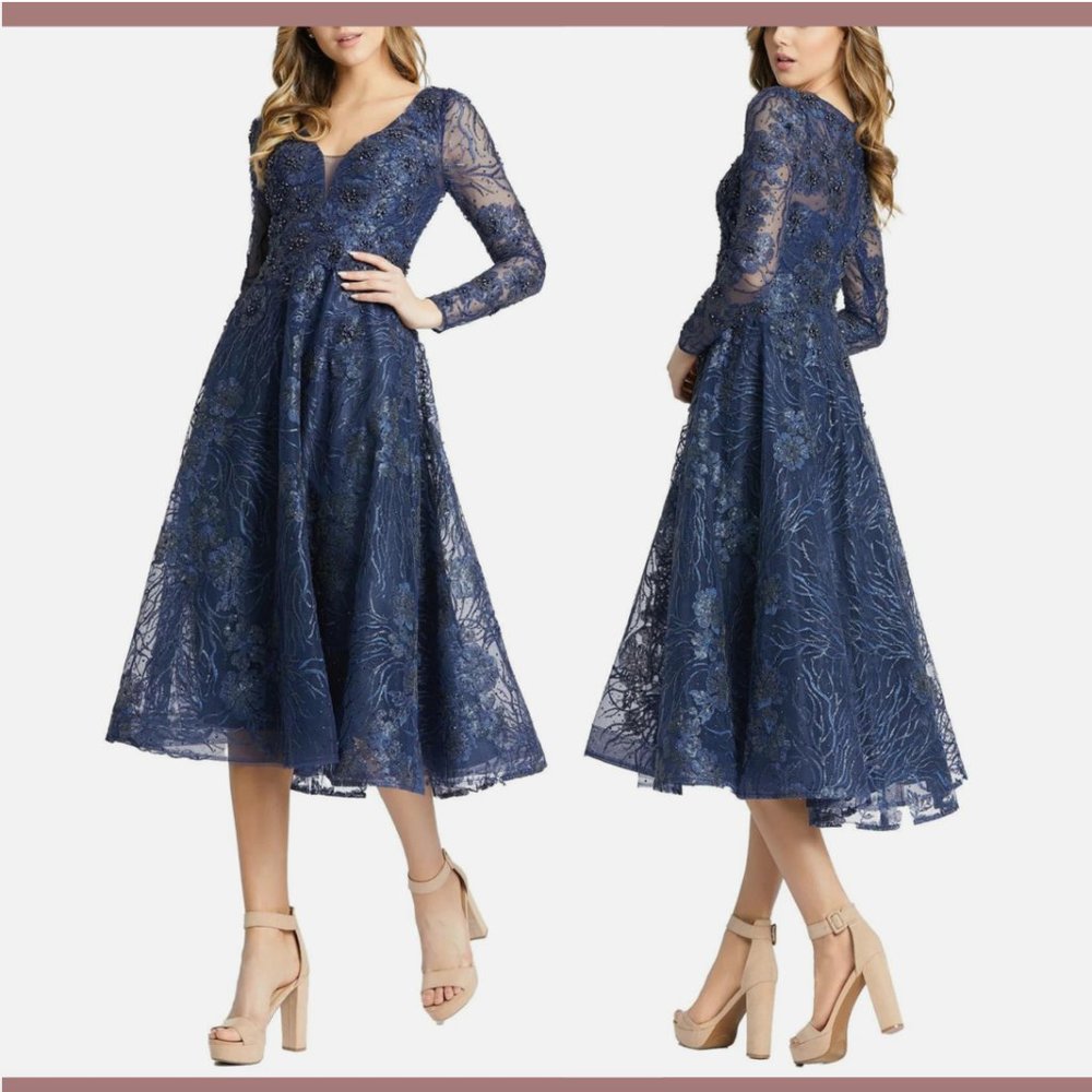 NWT $598‎ Mac Duggal [ 2 ] Embellished Plunge V-Neck Long Sleeve Midi Dress Q664